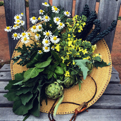 hat full of veggies and flowers